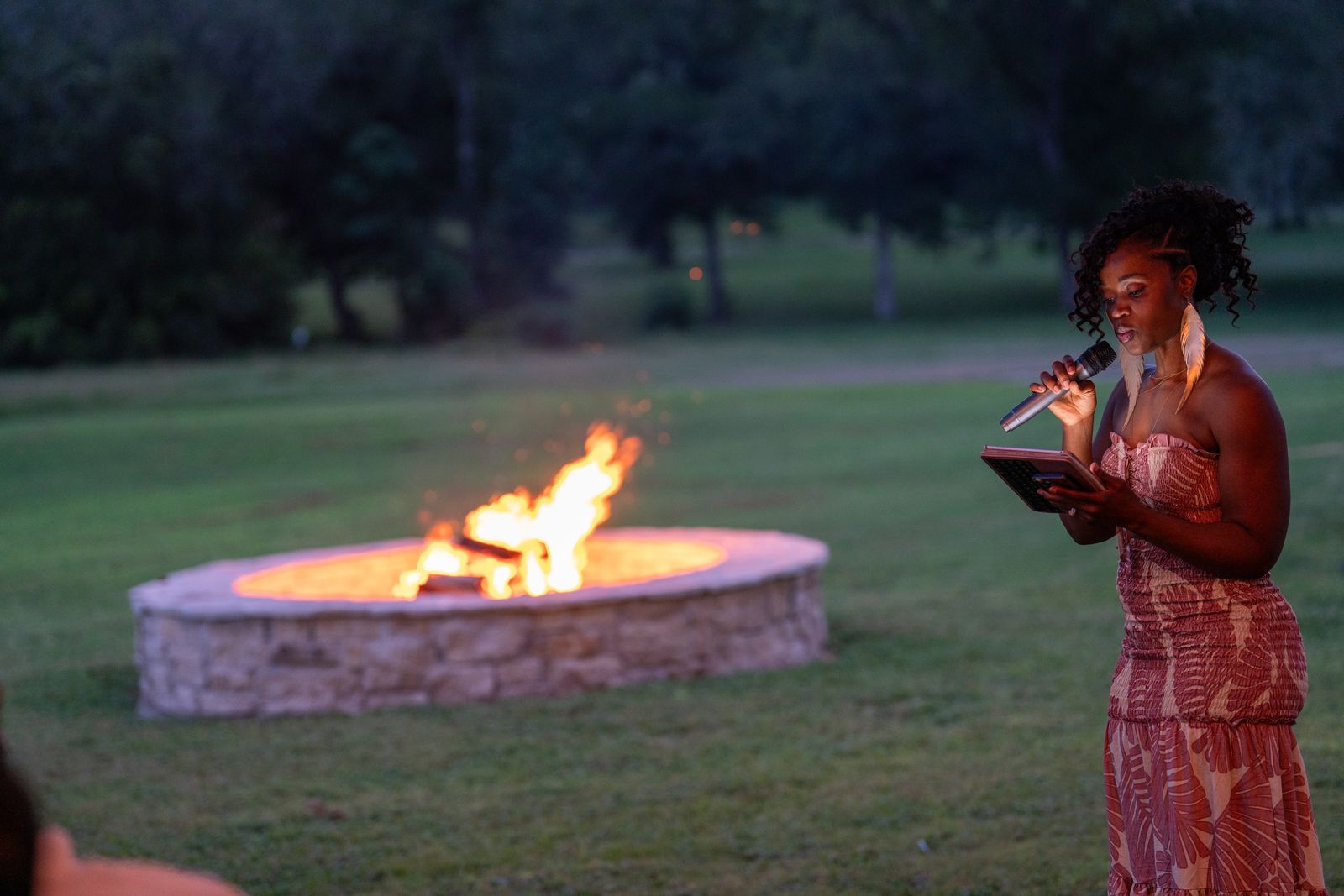 Reflection by the fire pit at dusk